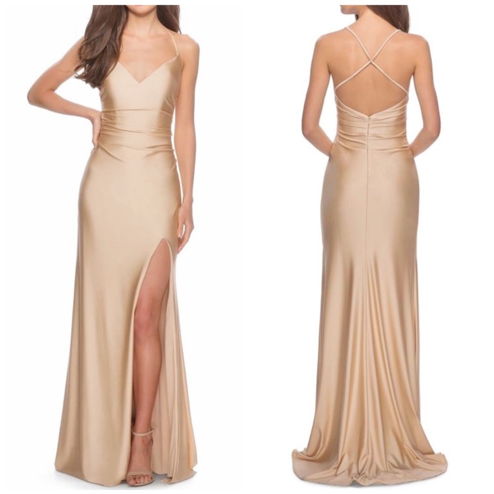 La Femme | NEW Nude Satin Jersey Evening Dress